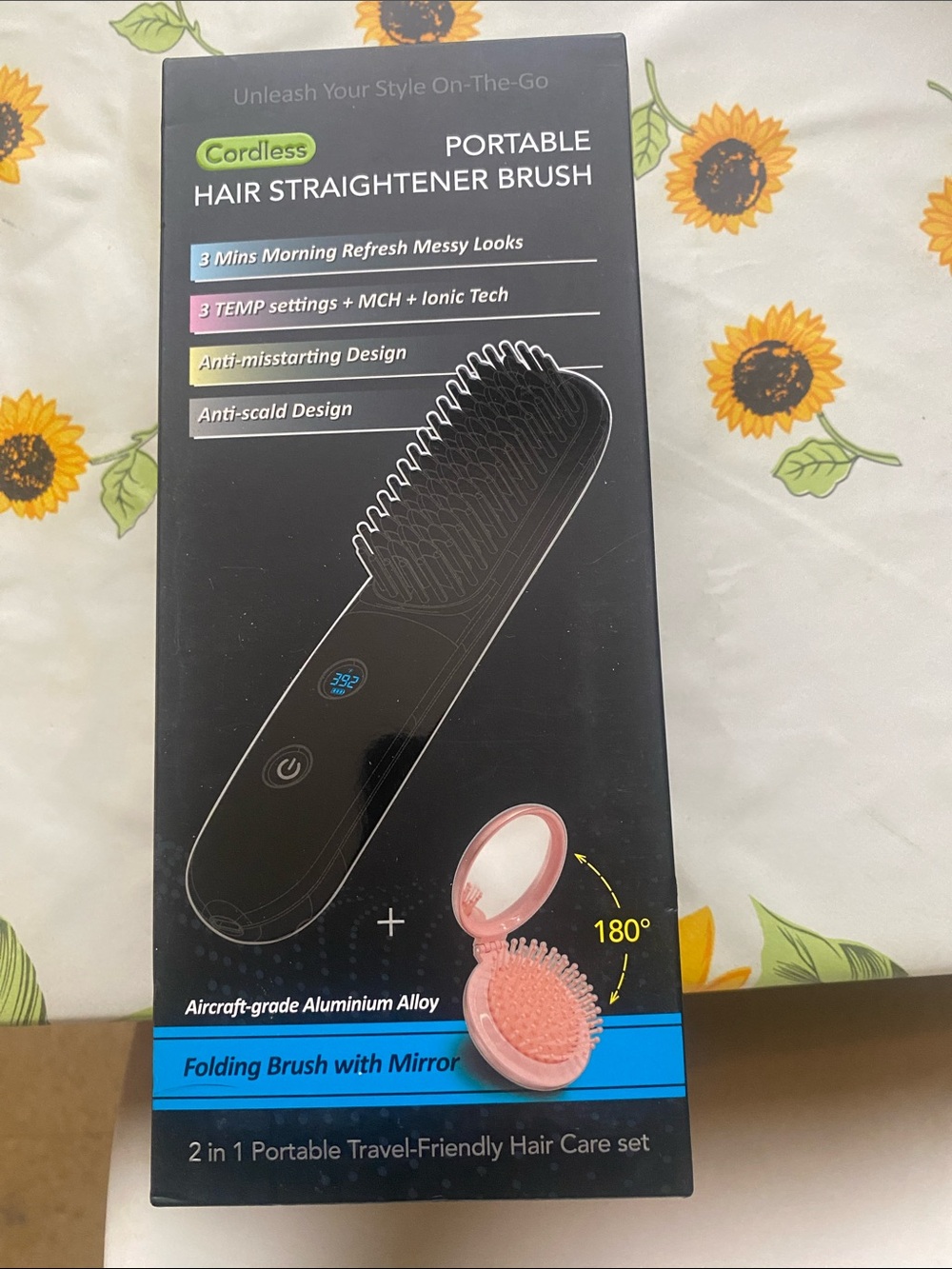 Portable Cordless Hair Straightening Brush with Folding Pink Mirror